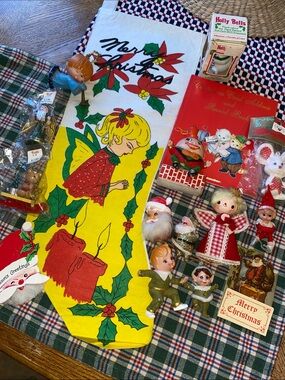 Vintage Christmas lot 16 pieces, ornaments, ephemera stocking